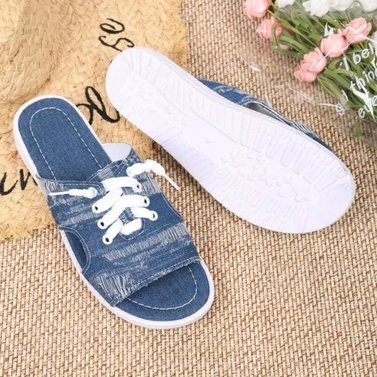 Blue Roman style women's canvas slippers with cloth lining and rubber soles