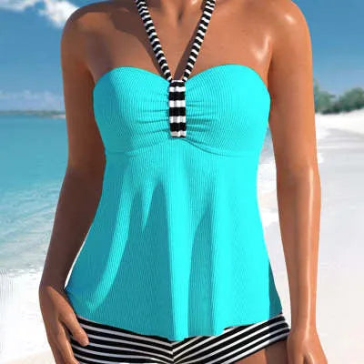 Women's black and white striped off-shoulder swimsuit with briefs style cut and polyester lining