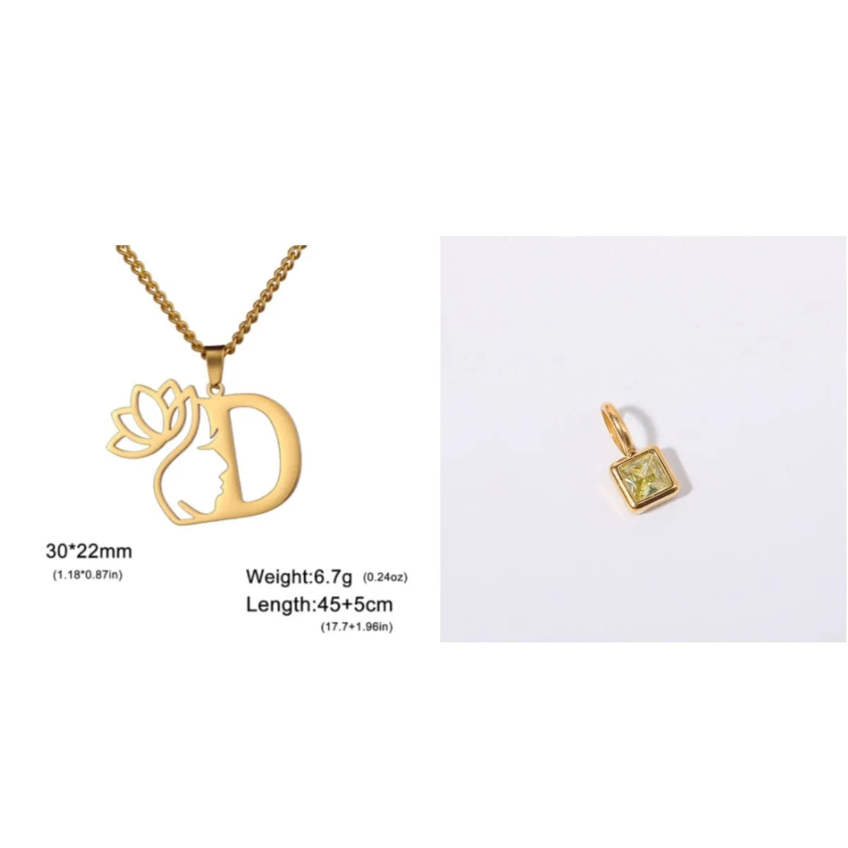 Stainless steel necklace with cross chain design and single letter pendant in gold or silver electroplated finish
