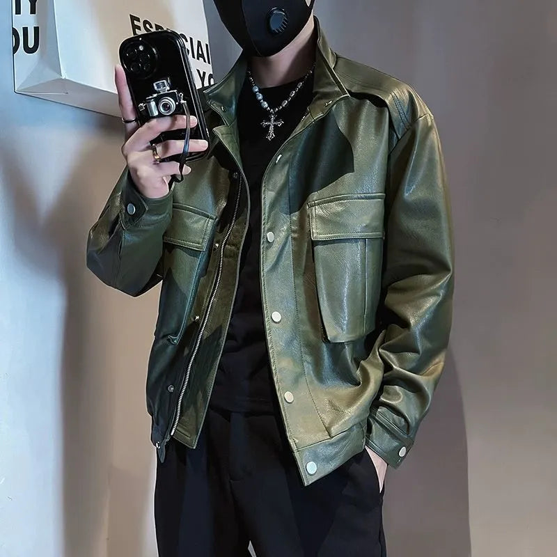 Men's black PU leather Korean-style biker jacket with straight hem and side pockets