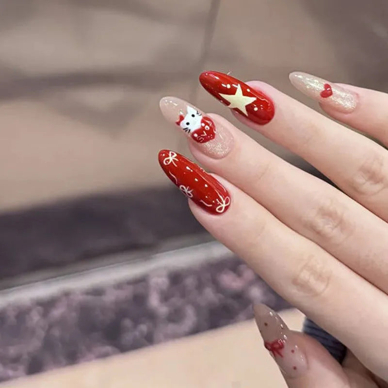 Set of colourful press-on false nails for girls with adhesive tabs on a white background.