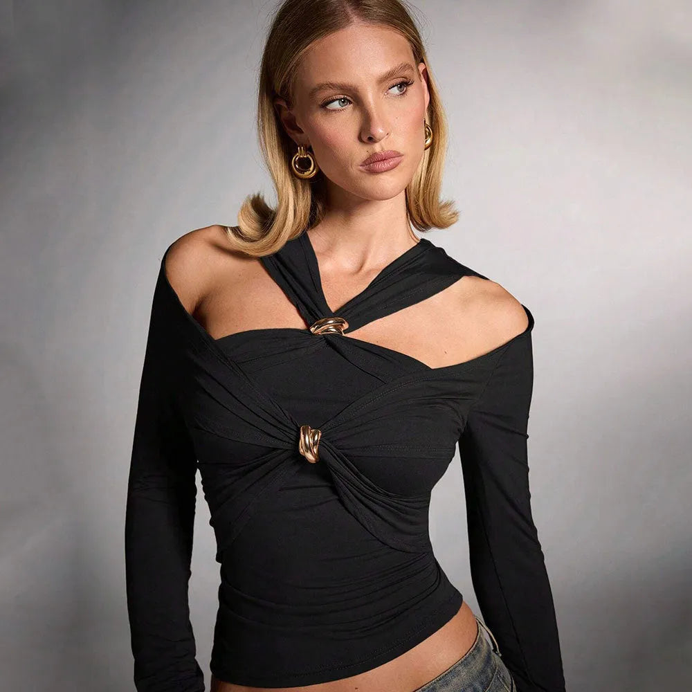 Black women's slim fit halter top with long sleeves on a model.