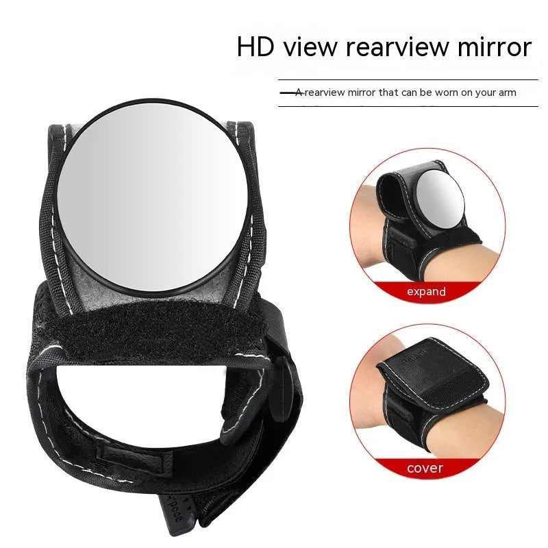Black nylon wrist-mounted cycling rear-view mirror with adjustable strap