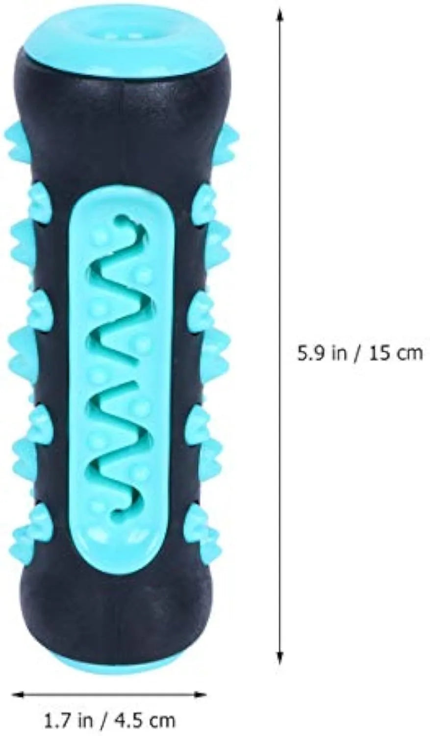 A blue natural rubber dog toothbrush chew toy with a textured surface, shown next to a green one.