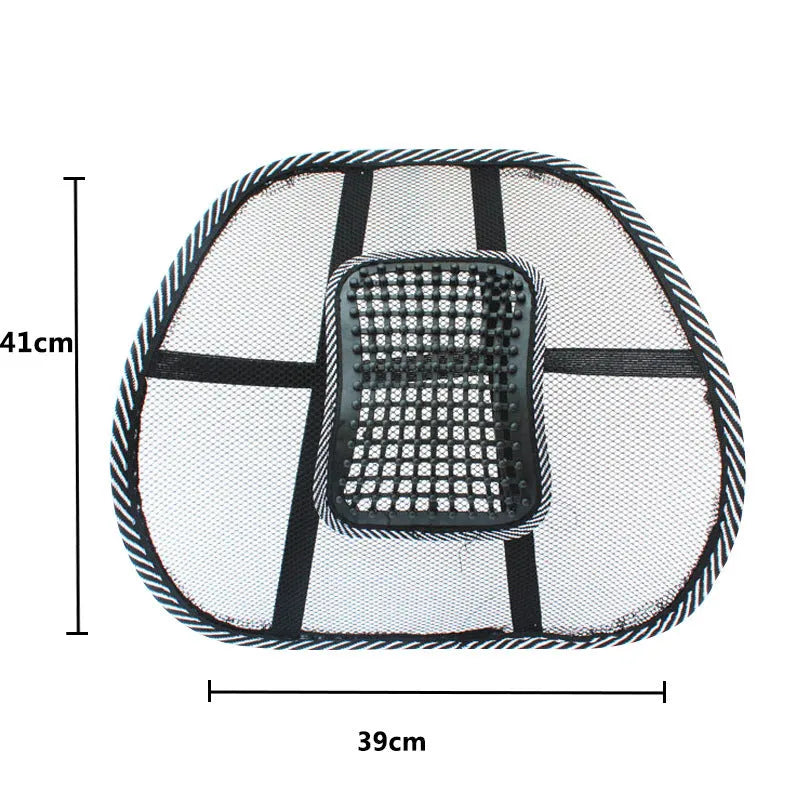 Black car leather lumbar support pillow with steel wire frame measuring 41cm by 39cm