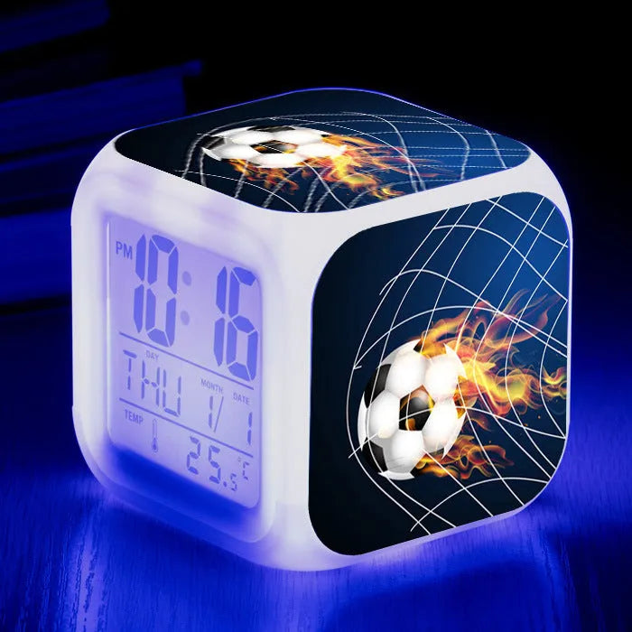 Square plastic alarm clock with football pattern and USB cable for students