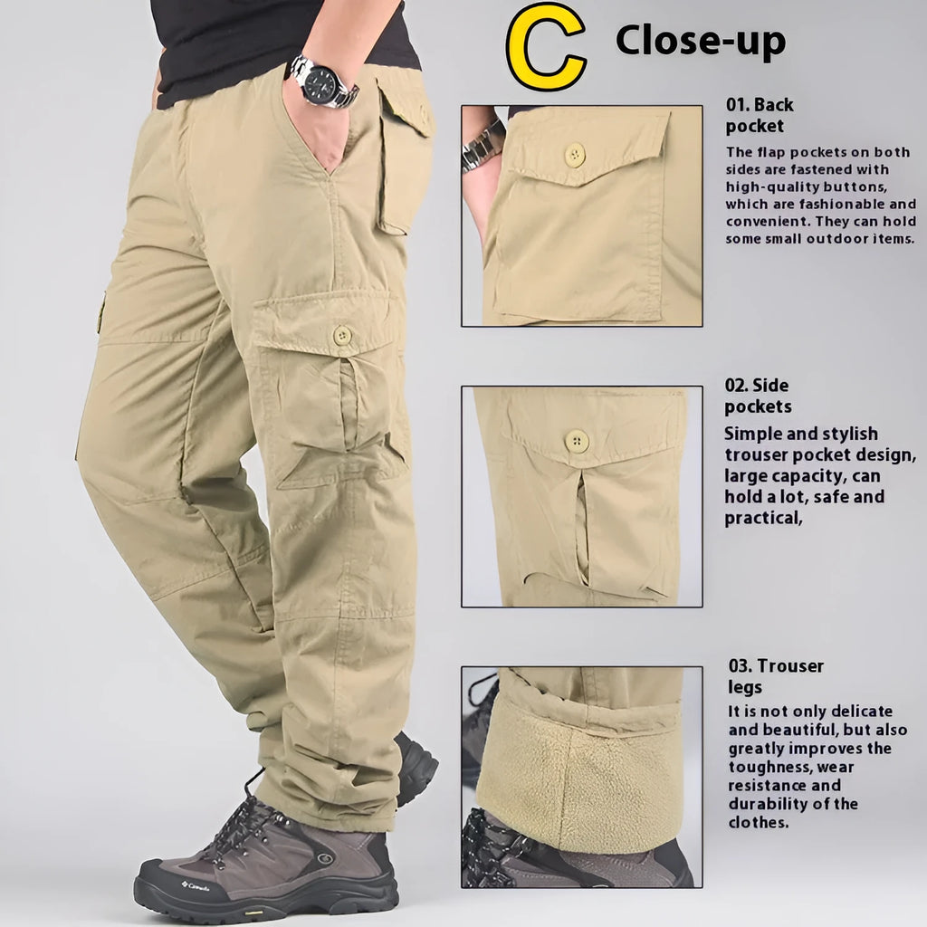 Men's stonewashed cotton overalls with a thick wool lining in khaki, shown with a loose straight-leg fit.