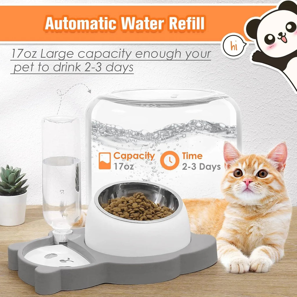 Grey and green panda-shaped automatic pet feeder with tilted stainless steel bowls and water bottle.