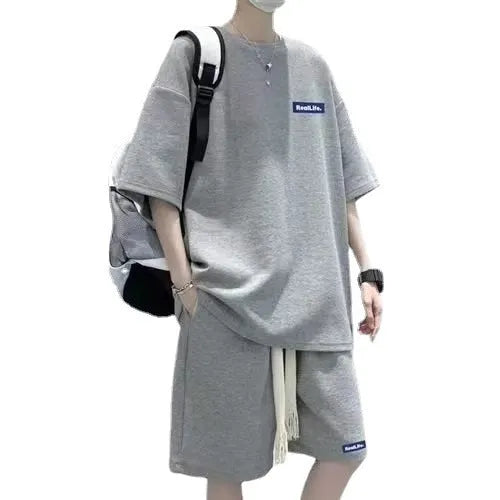 Men's waffle textured leisure sports suit set with short sleeves and shorts in grey