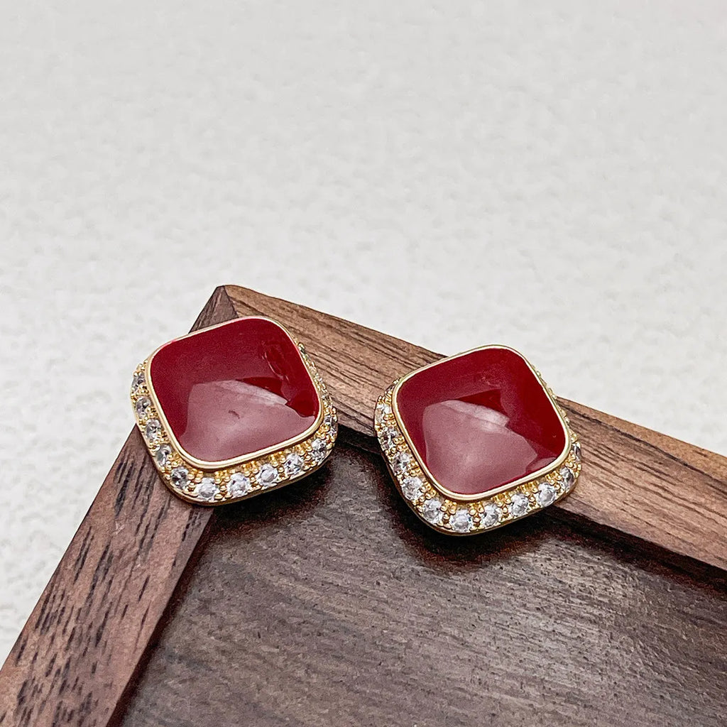 Retro red colour geometric square alloy earrings for women with inlaid design