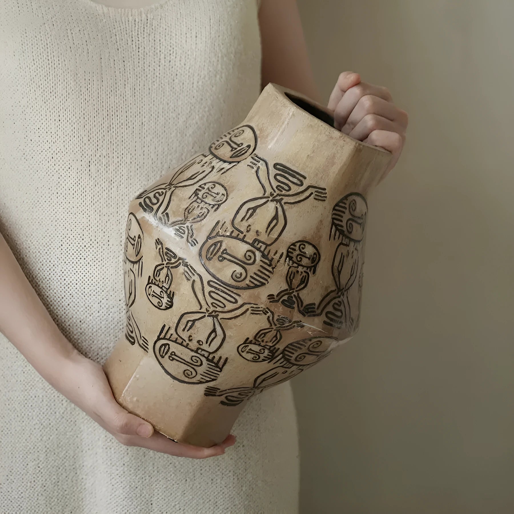 Hand-painted ceramic cylindrical vase with tribal totem flower patterns