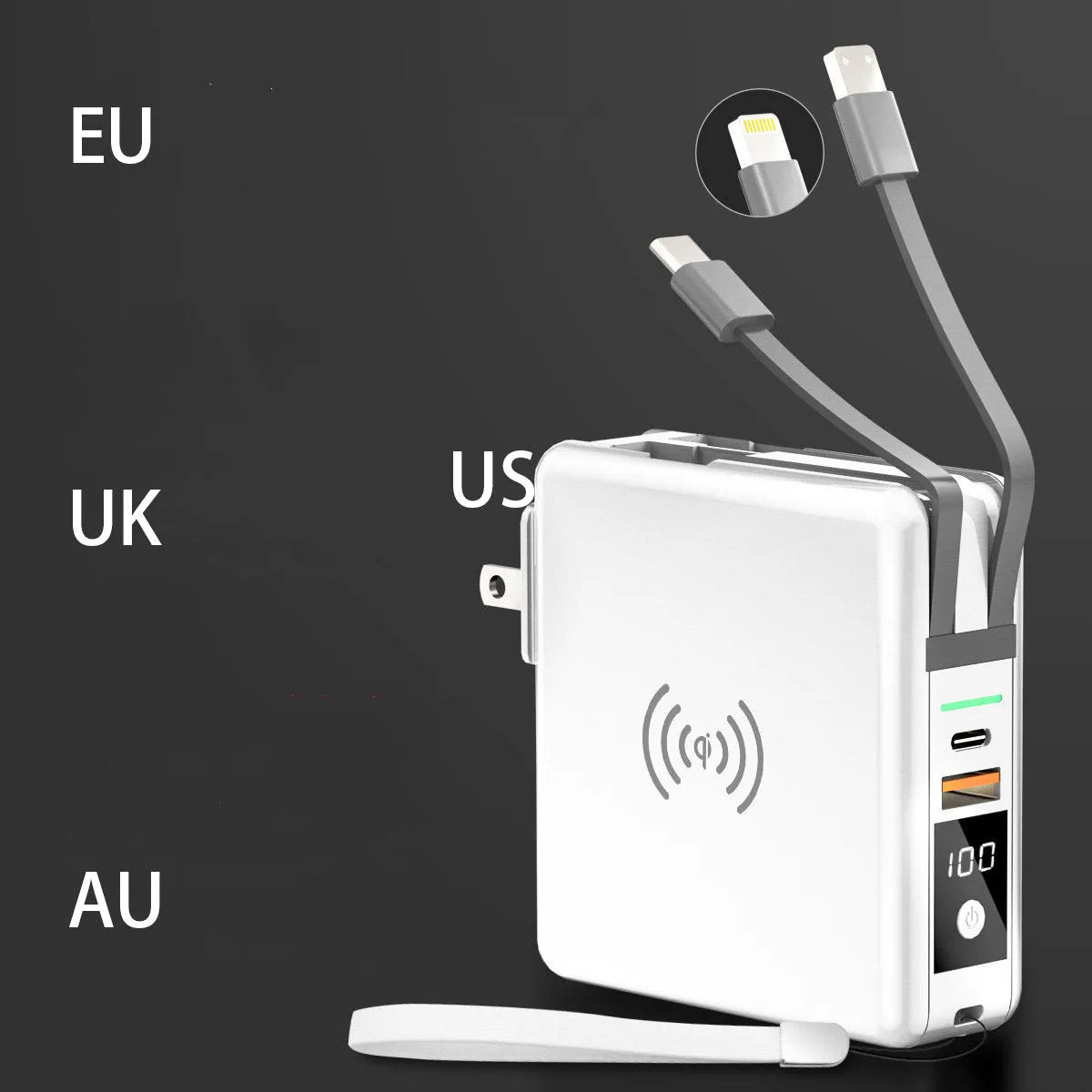 Black and white Super QI wireless charging power bank with integrated plug and international adaptors.