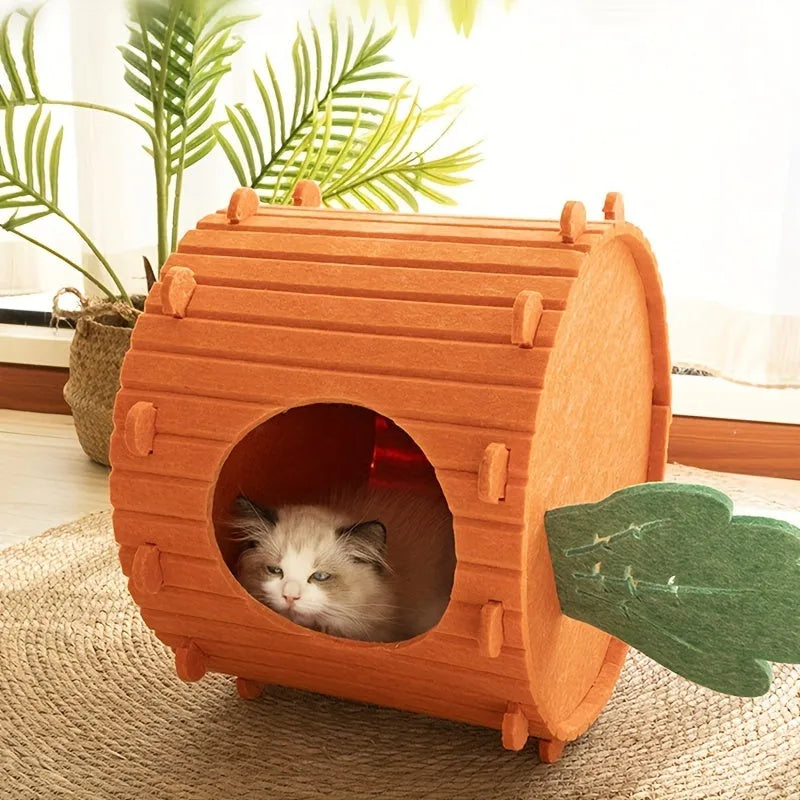 Orange carrot-shaped felt cat nest tunnel bed for cats, shown in semi-enclosed design.