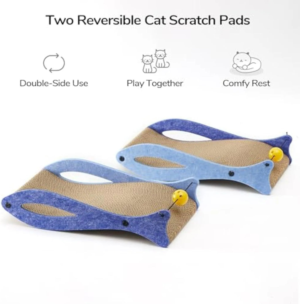 Blue fish-shaped cat scratcher pad with corrugated cardboard surface, ball toys, and wavy lounge area.