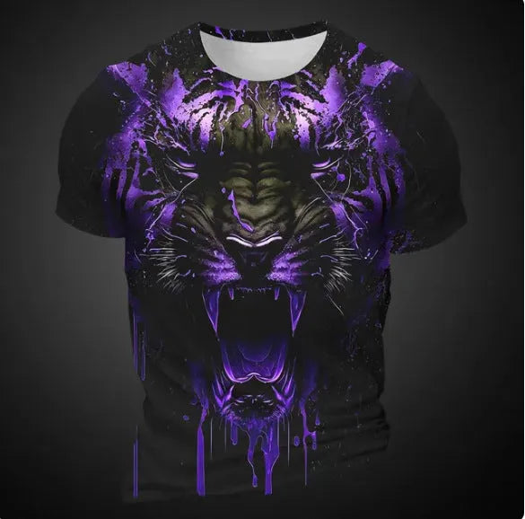 Men's grey T-shirt featuring a large, realistic 3D digital print of a tiger's face on the front.