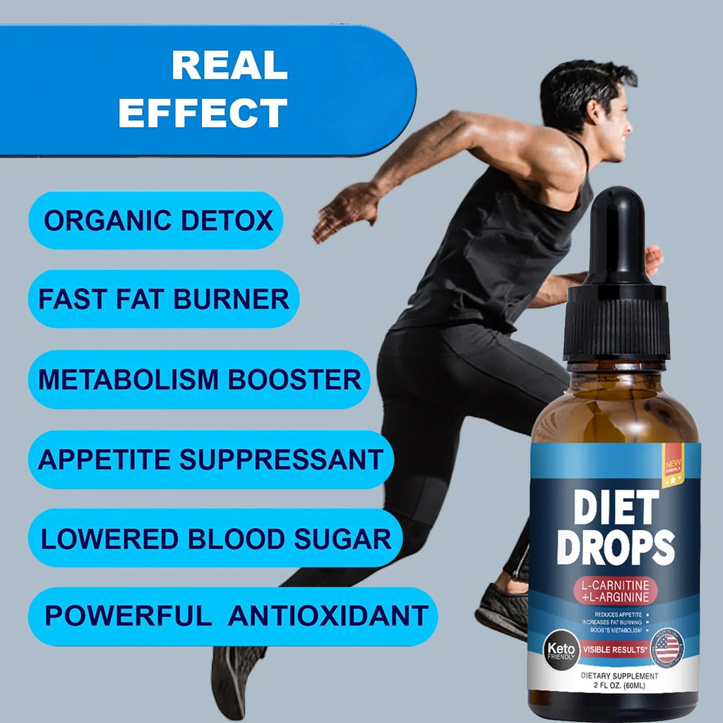 60ml glass bottle of ketone drops with a black dropper cap on a white background