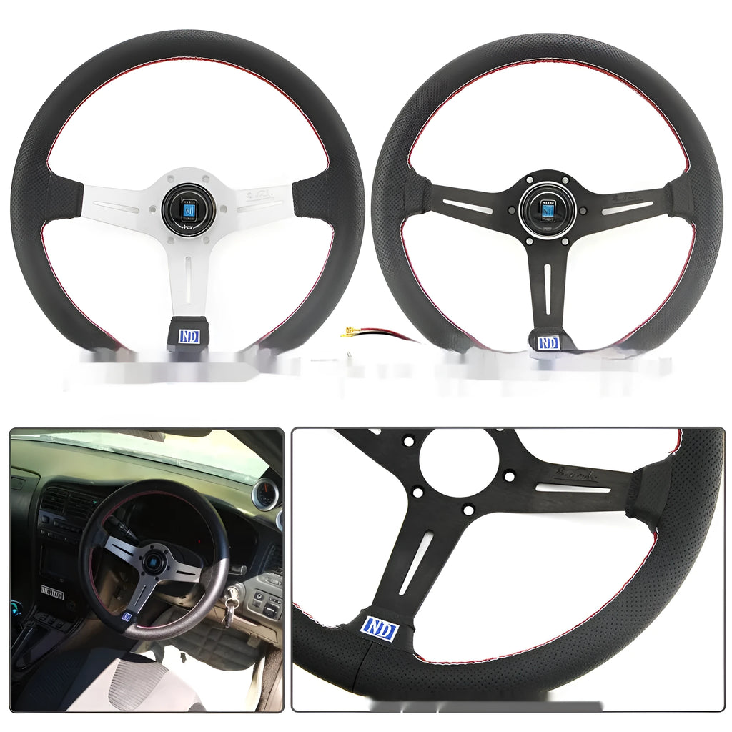 Leather 14-inch middle concave steering wheel showing silver black colour with skeleton construction
