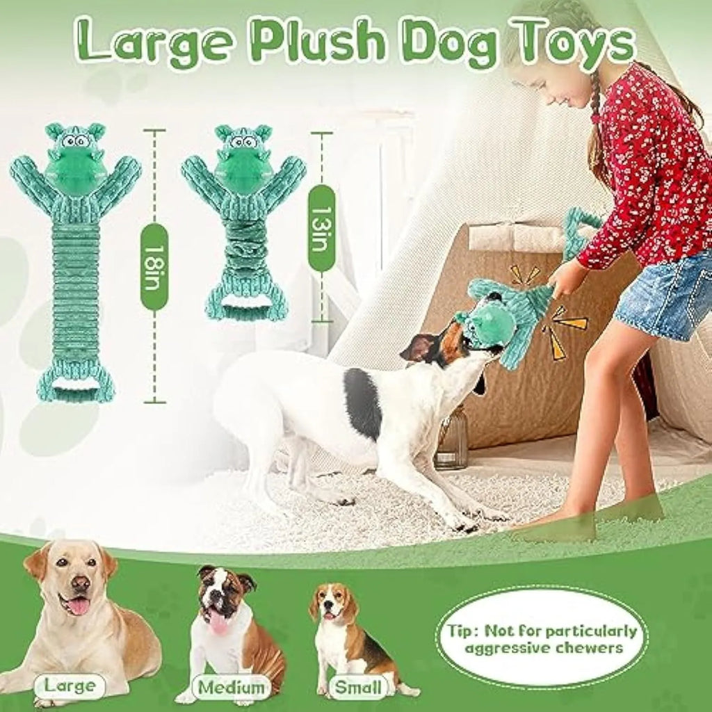 Large squeaky plush hippo or monkey dog toy for tug of war and interactive indoor play
