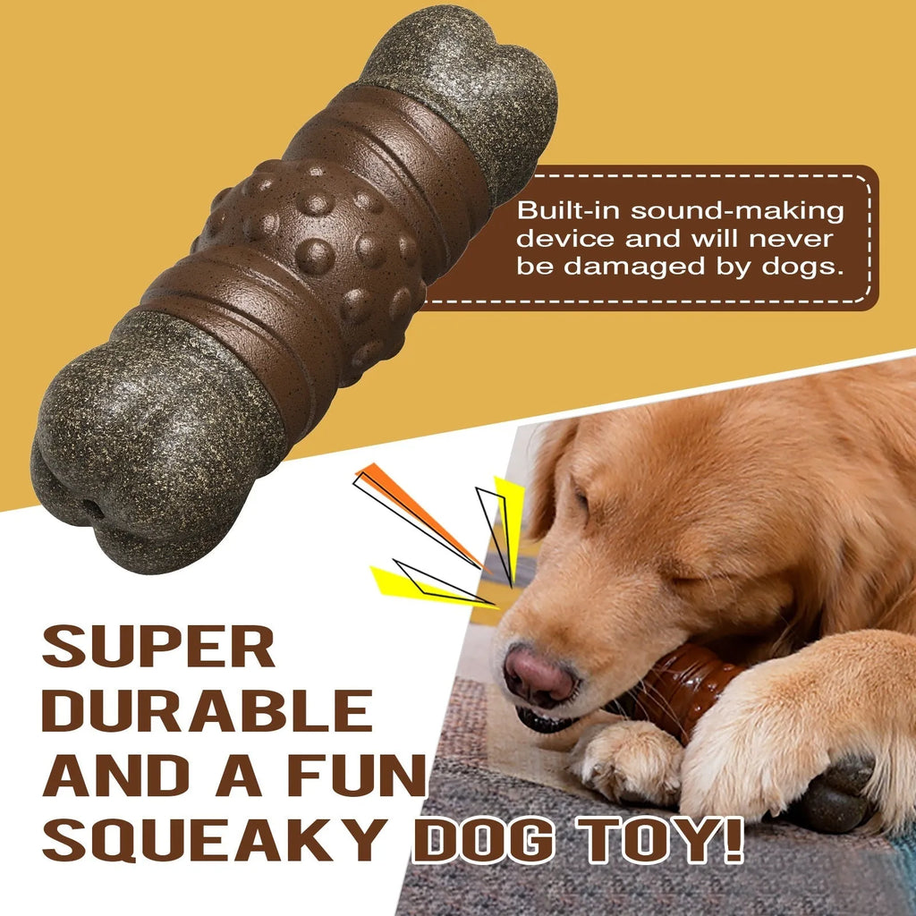Wood-colour plastic bone-shaped dog toy for dental cleaning and chewing
