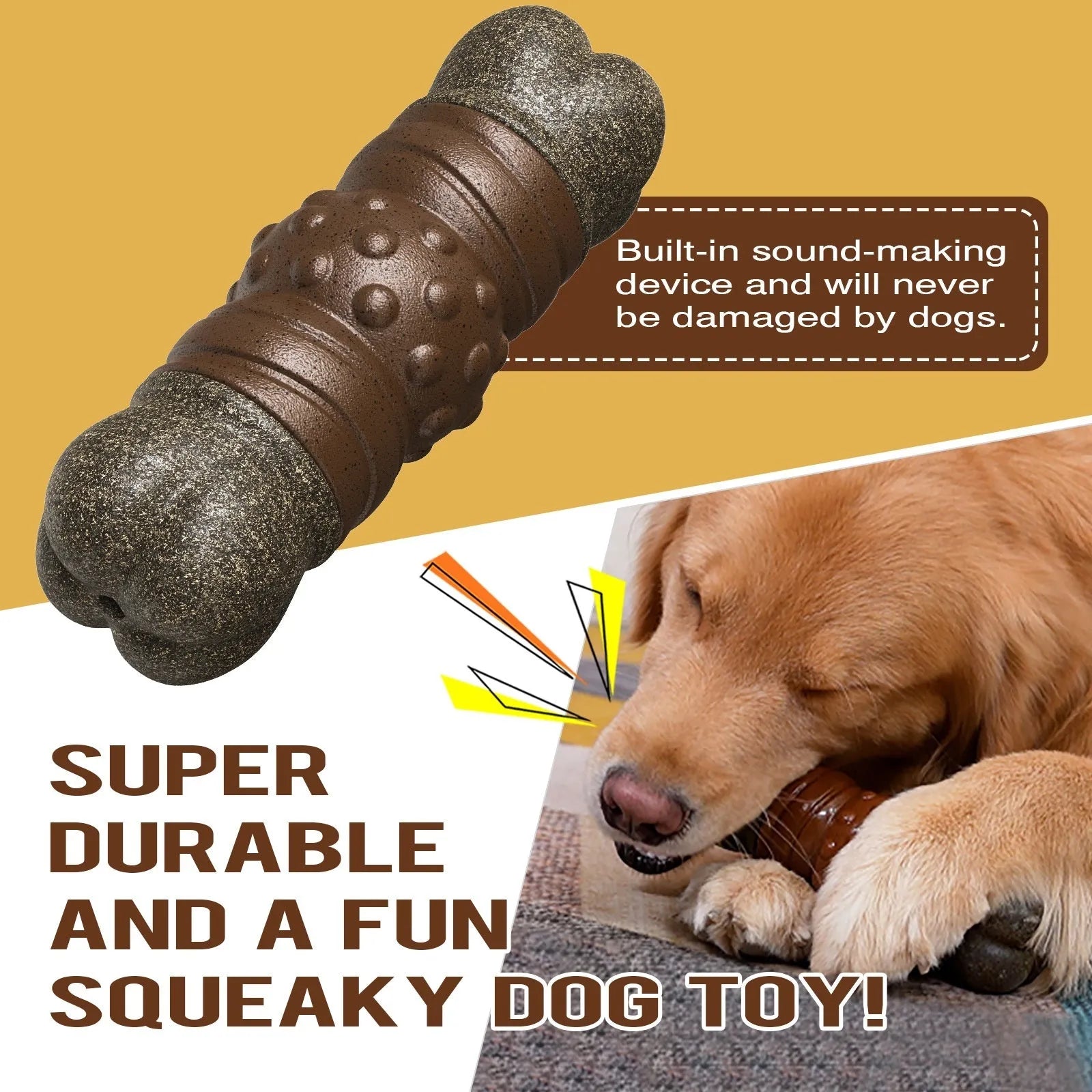 Wood-colour plastic bone-shaped dog toy for dental cleaning and chewing