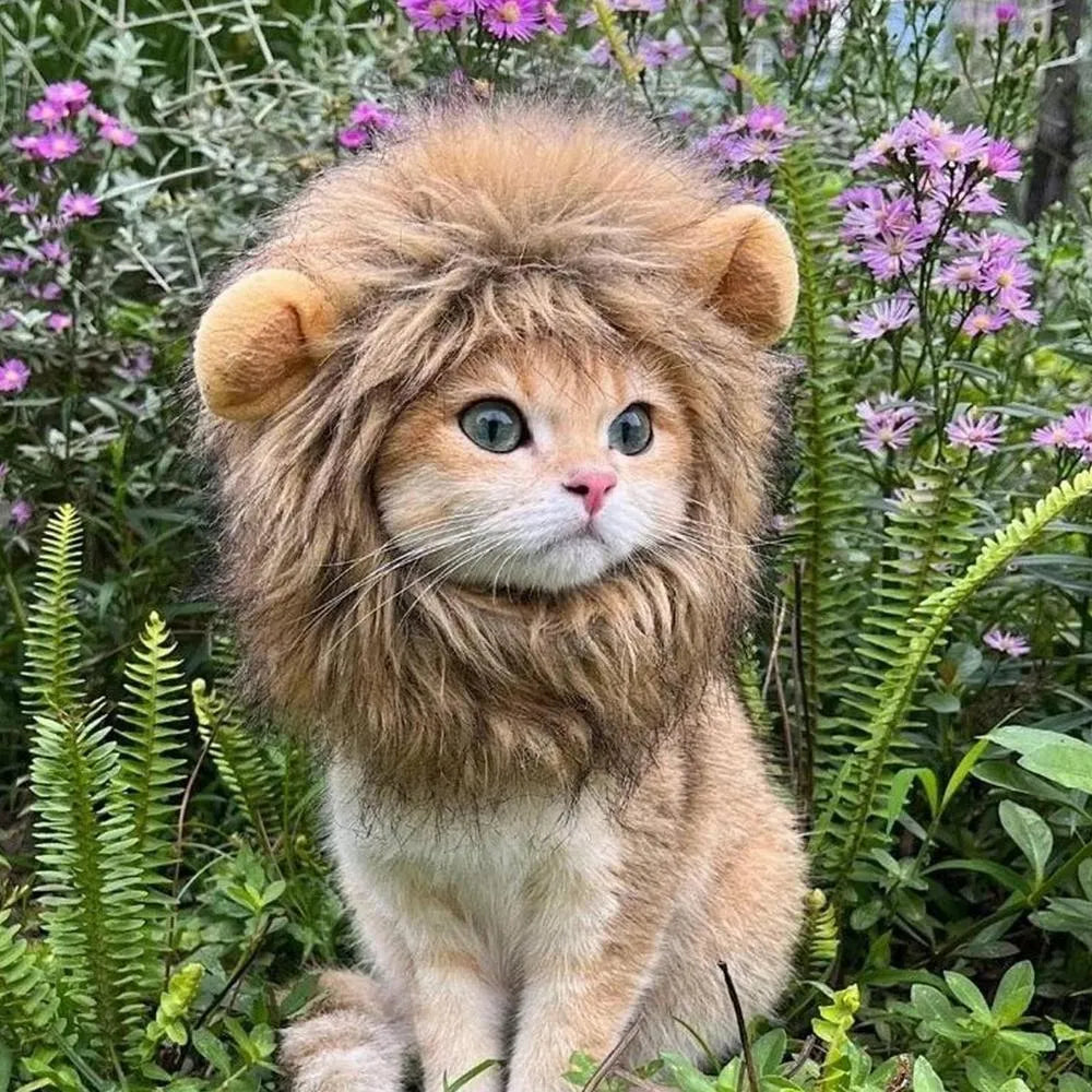Lion mane wig for cats and small dogs made of plush artificial fur with an adjustable elastic headband.