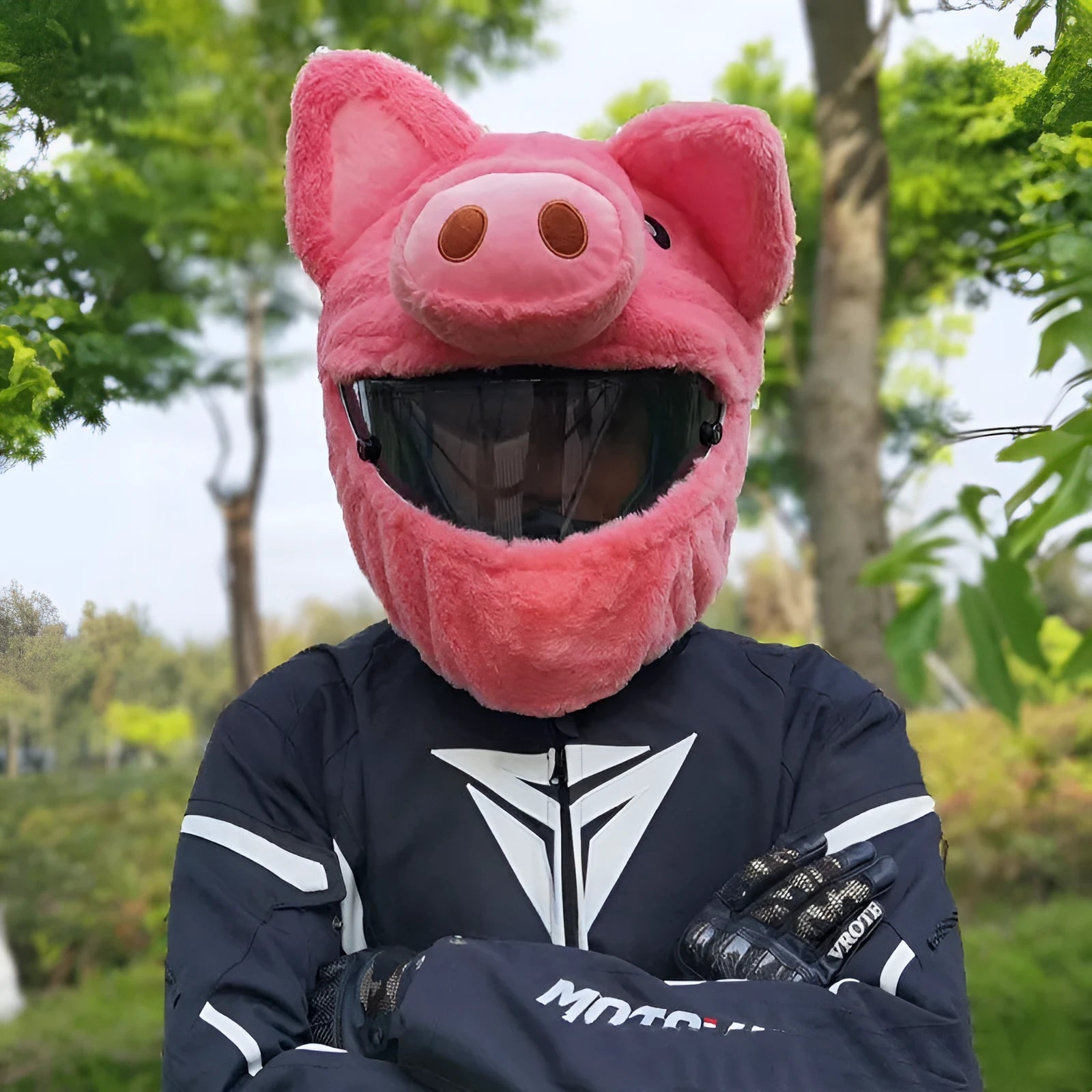 Pink Pig cartoon plush helmet protective hood cover for motorcycle helmets.