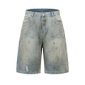 Cropped blue denim jeans with straight-leg design and zip fly on street fashion model