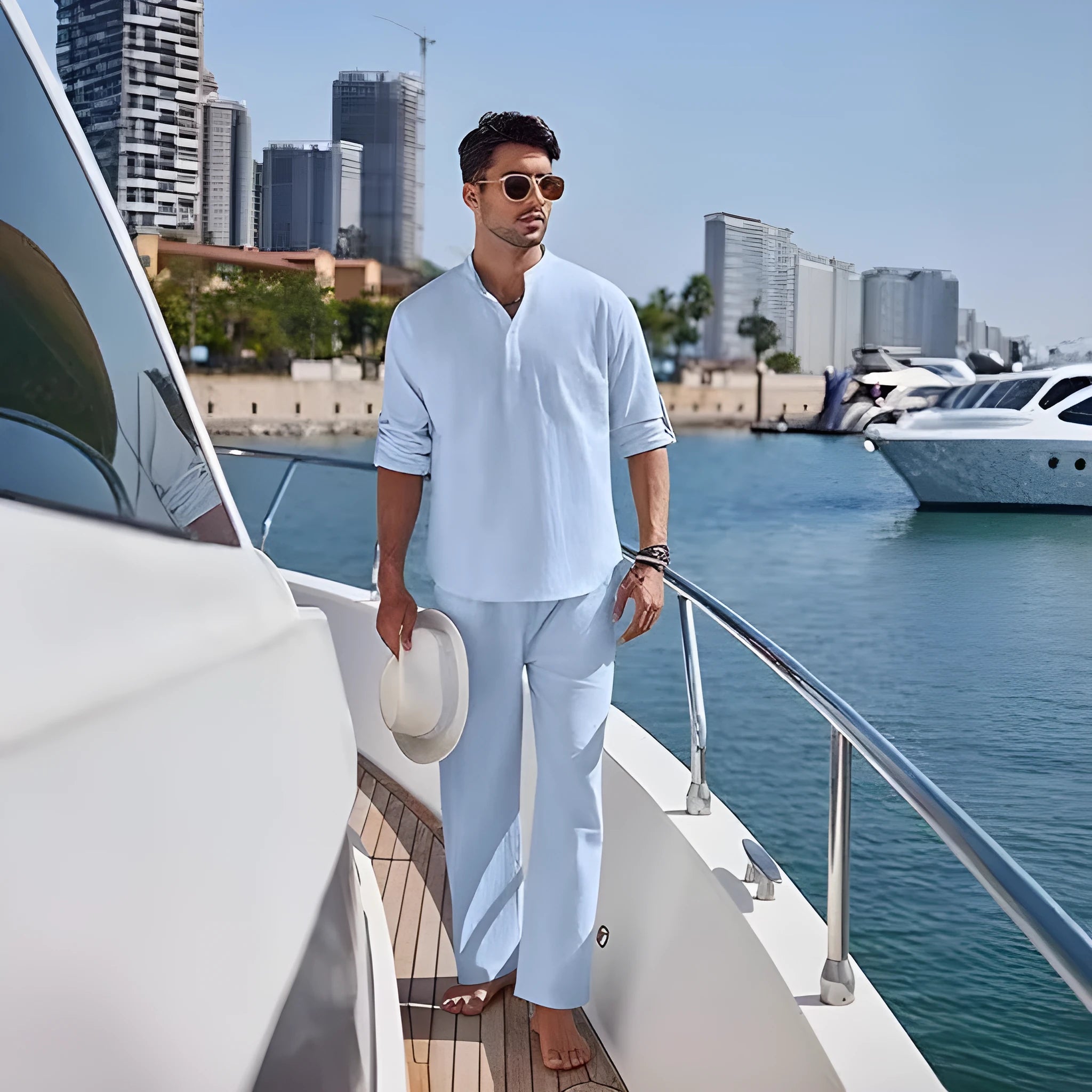 Men's casual cotton suit in a solid colour, featuring a long-sleeve top and trousers.