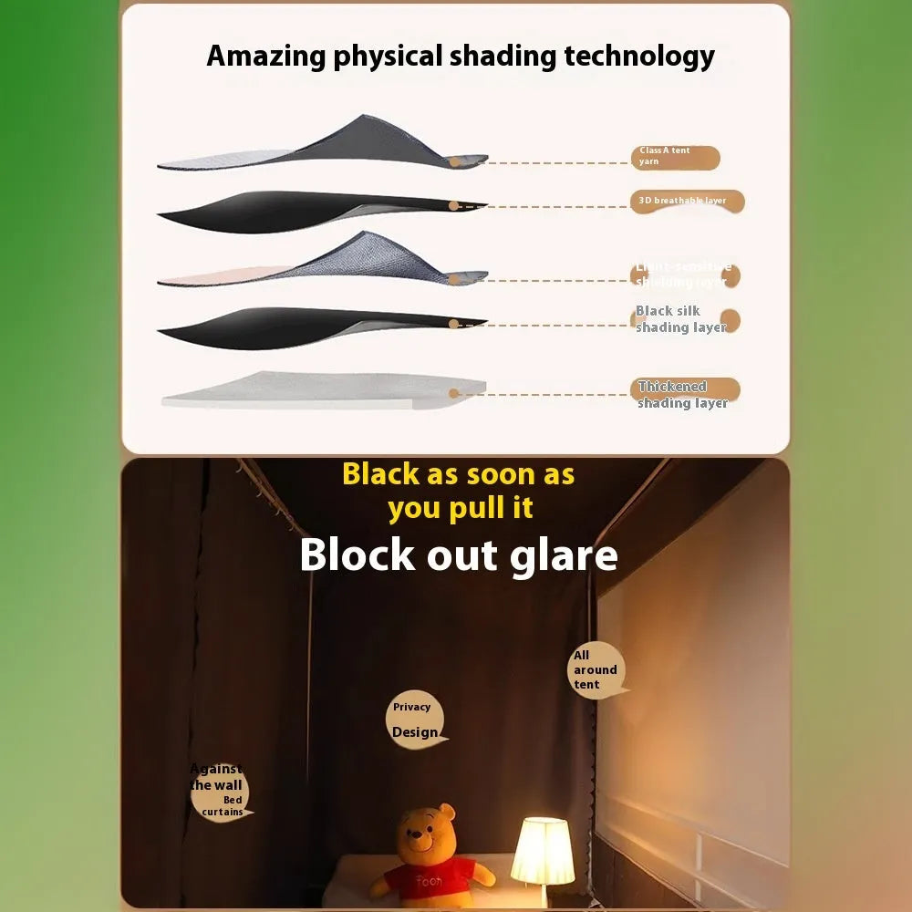 Grey integrated mosquito net and bed curtain set for a 0.9 metre bed with strong light blocking sides.