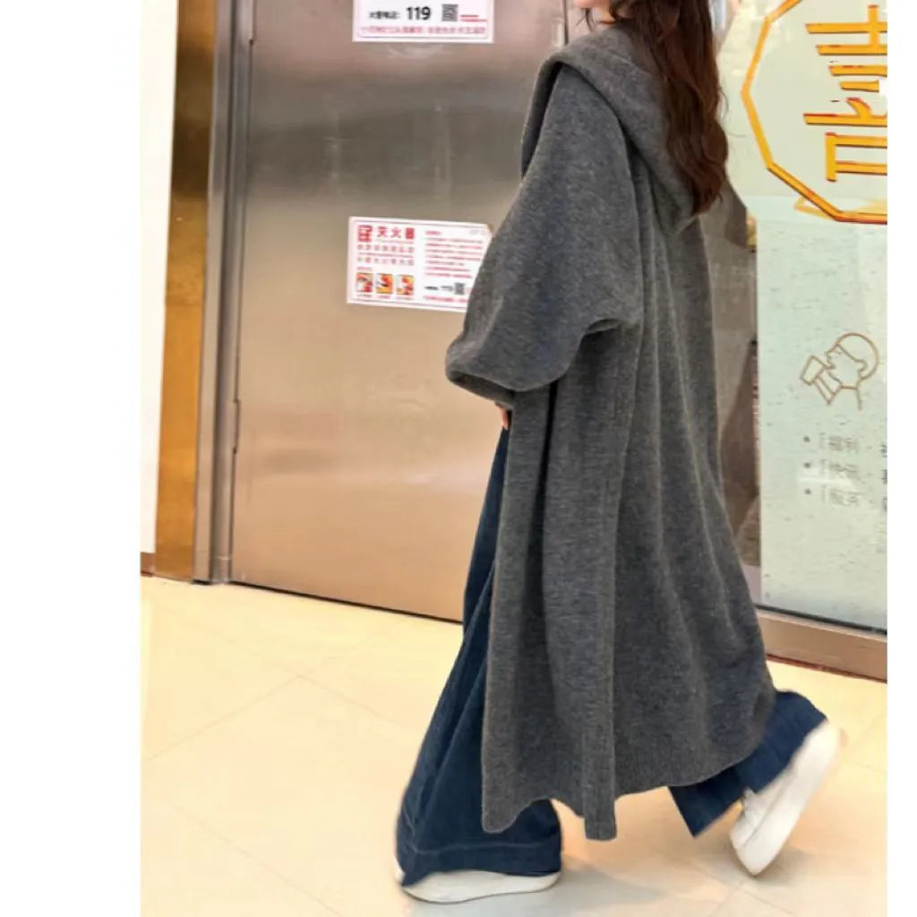 Korean style women's long hooded knit cardigan in oatmeal colour, loose fit.