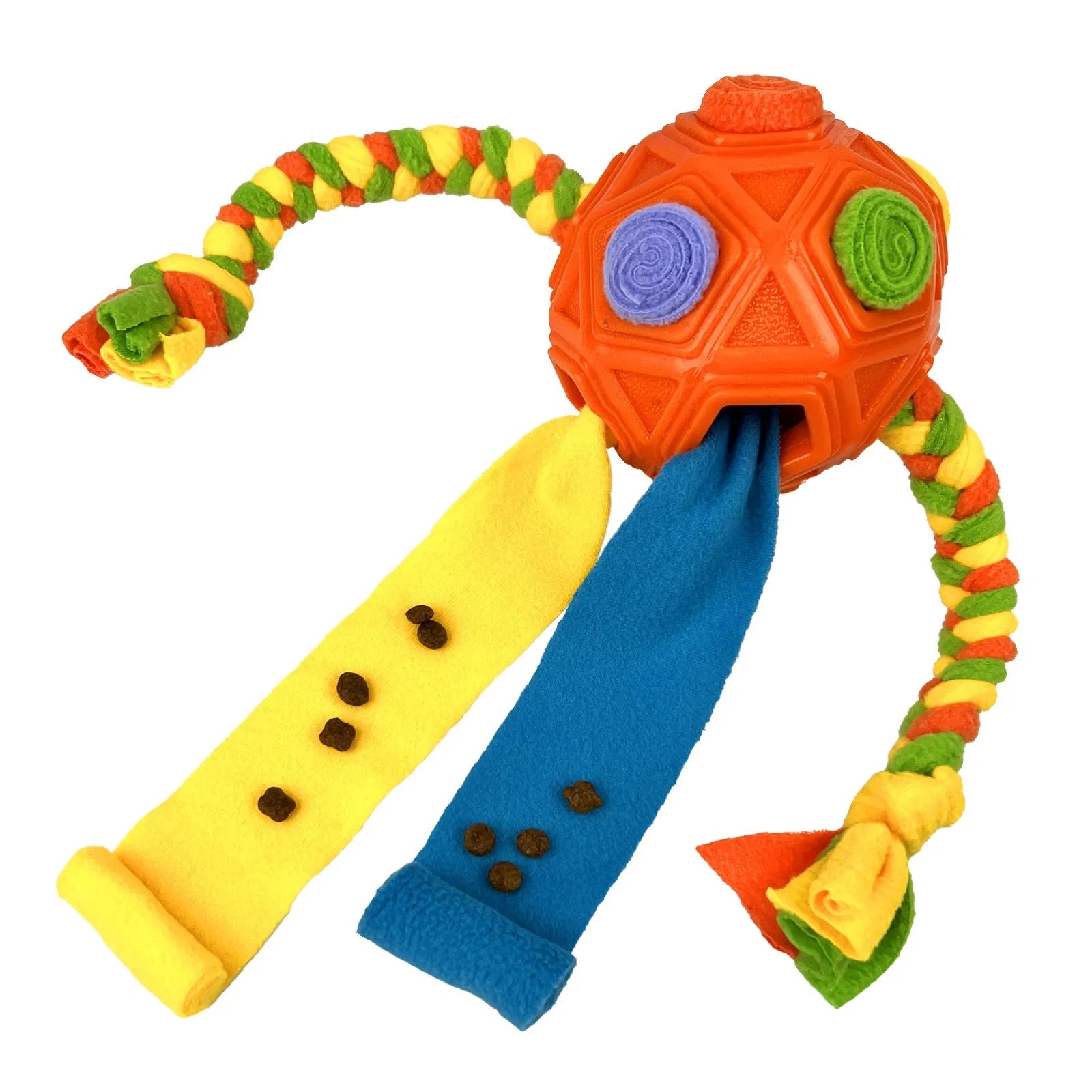 Colourful silicone dog snuffle ball puzzle toy for IQ training and slow feeding.