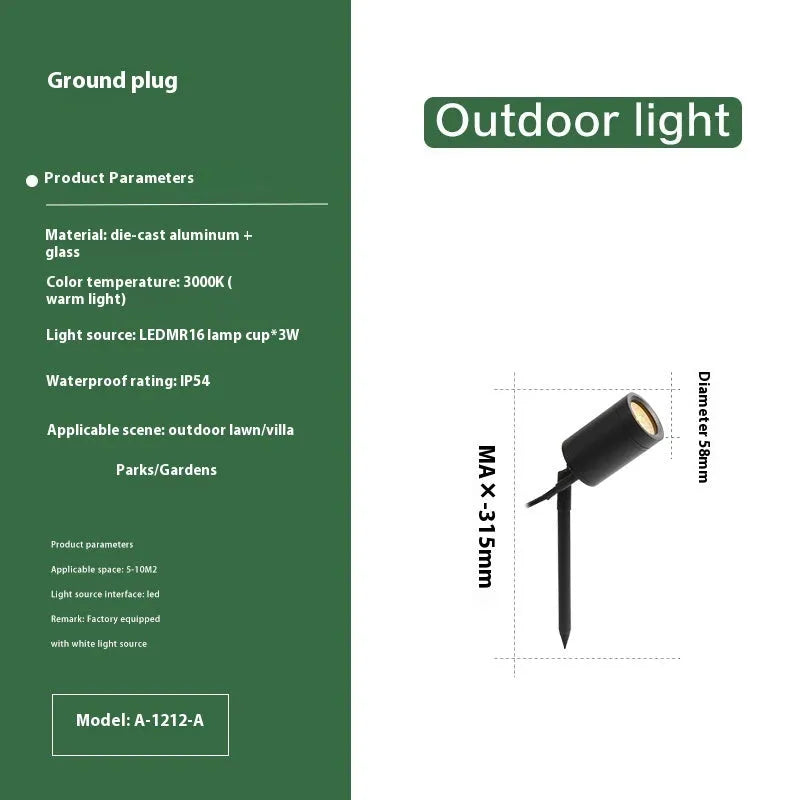 Aluminium outdoor ground lamp with spike base for garden installation featuring IP65 waterproof rating