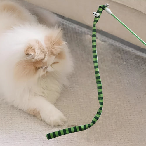 Cat wand toy with polycarbonate pole and long plush strip in vivid colours for interactive feline play