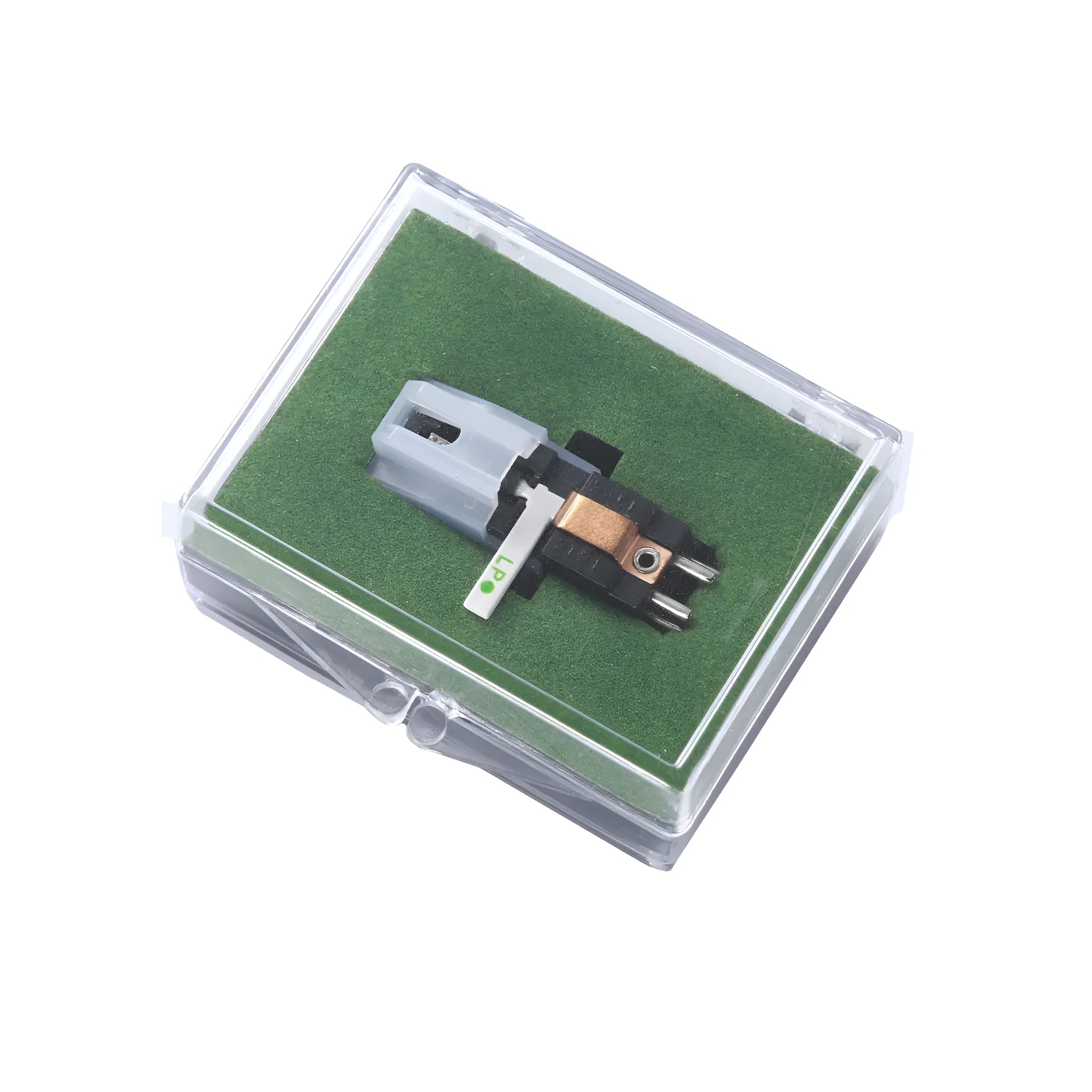 Double needle magnetic record cartridge with ABS plastic shell measuring 28mm by 10mm