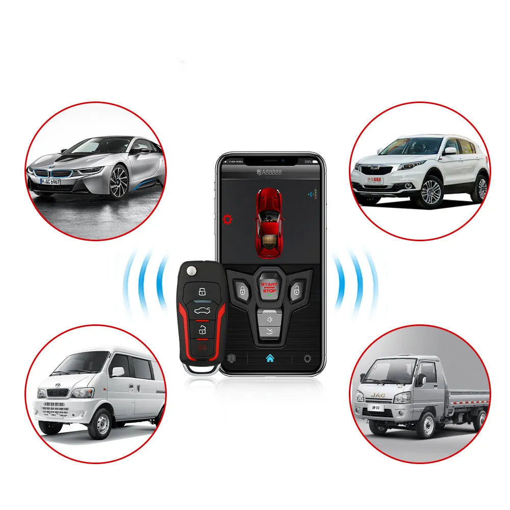 Red and black one-way remote car alarm system with two remote controls for vehicle security