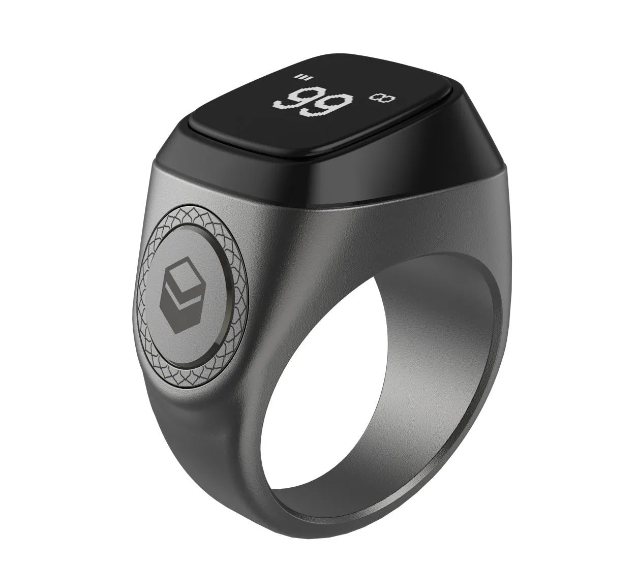 Zikr1 Lite Tasbih smart ring in silver on a charging case with USB cable.