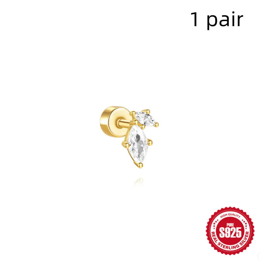 S925 sterling silver flat column geometric ear bone studs with thread detail in a gold colour finish