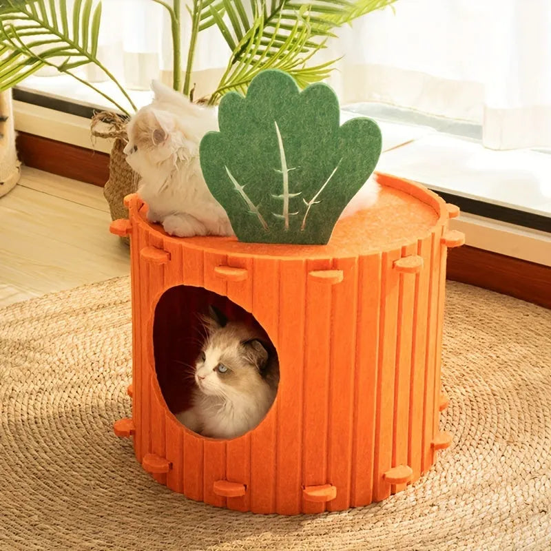 Orange carrot-shaped felt cat nest tunnel bed for cats, shown in semi-enclosed design.