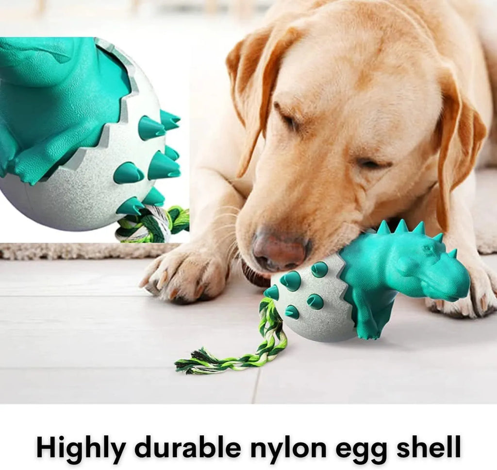 Durable blue dinosaur-shaped dog chew toy with an integrated green nylon rope.