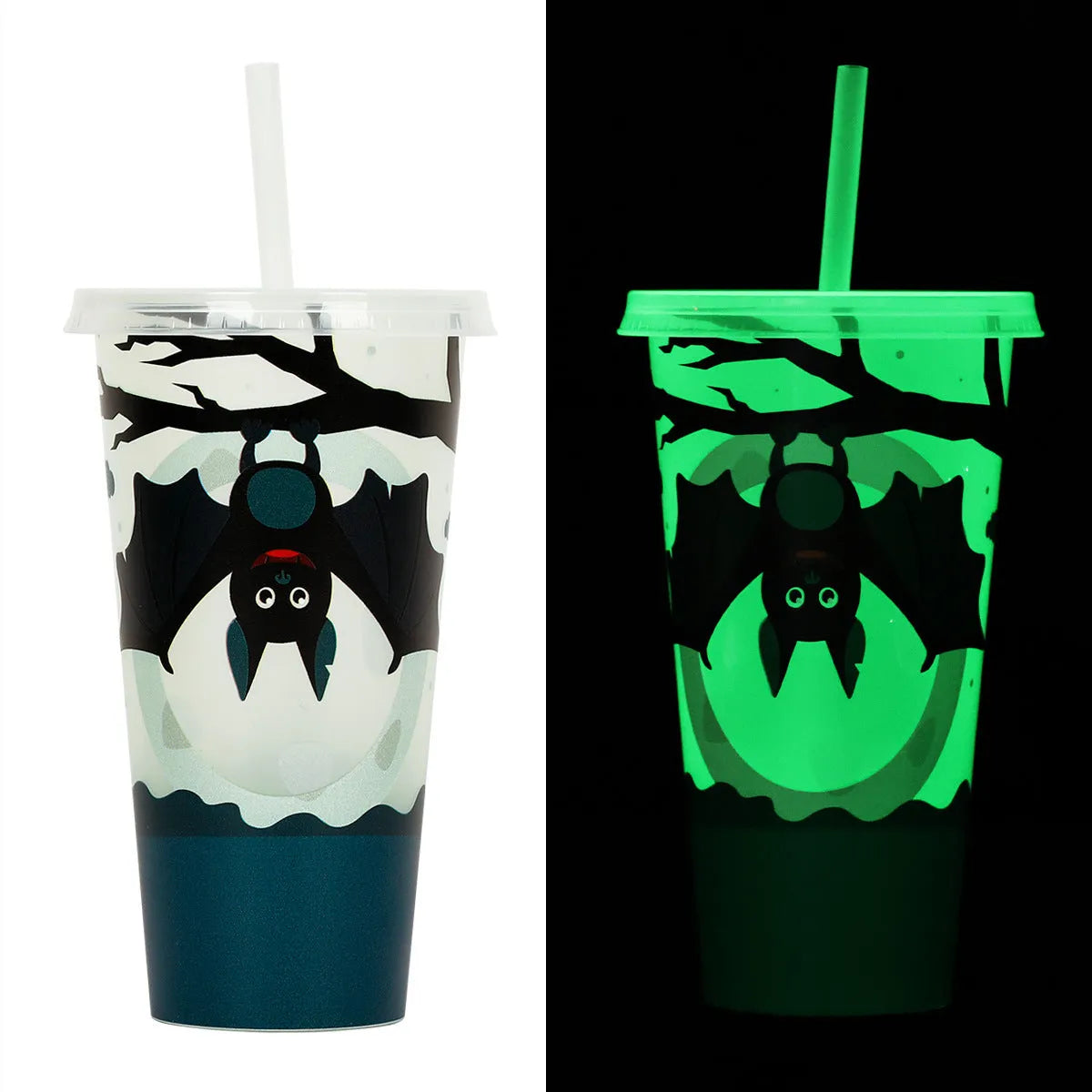 720ml Halloween-themed plastic sippy cup with luminous design and straw in cylindrical shape