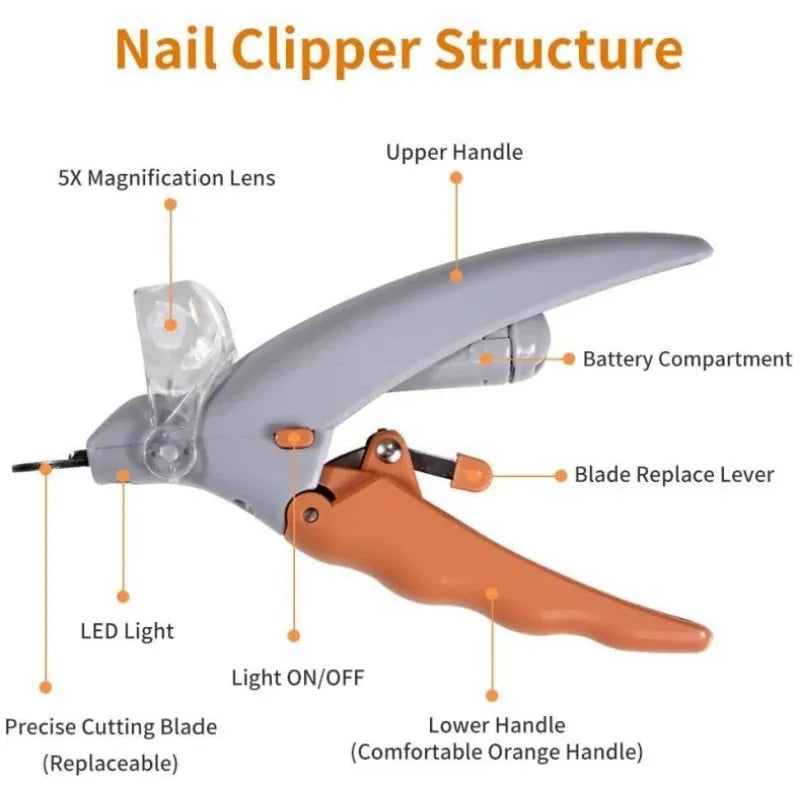 Yellow pet nail clippers with LED light and magnifying lens for dog and cat grooming