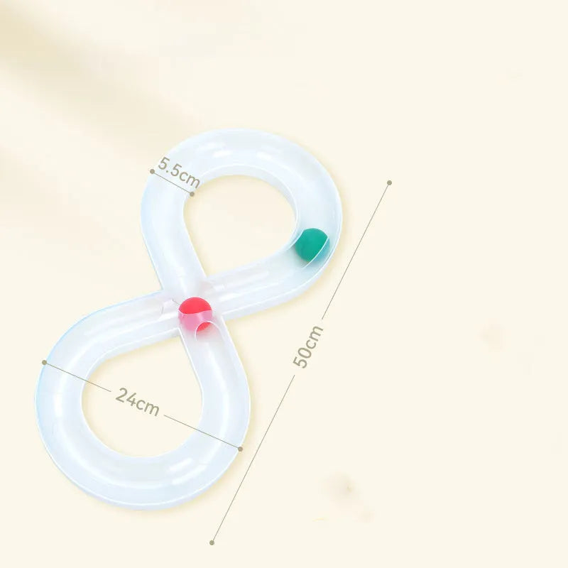 Blue and white cat toy with turntable track ball and teasing stick for interactive feline play