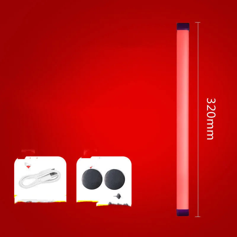 Rechargeable dimmable LED tube light in blue and purple colours shown in a bedroom setting.