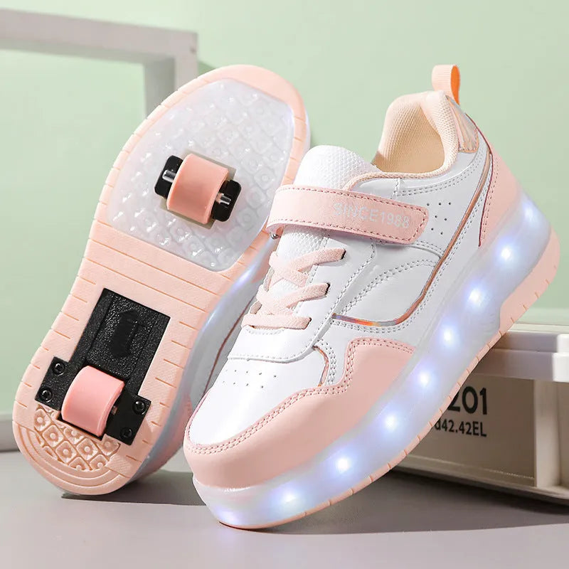 Child wearing charging flash roller skates with illuminated LED wheels, showing pink and black colour options.