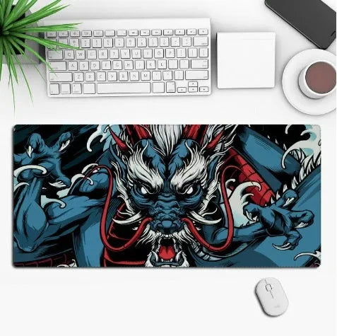 Anime pattern gaming mouse pad with non-slip rubber base on desk surface