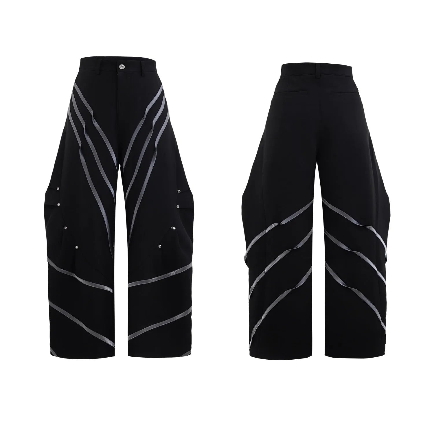 Men's trousers with three-dimensional cutting and metal striped rivet pleats in polyester fabric