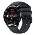 Sports smart watch with circular touchscreen display showing health metrics and payment interface