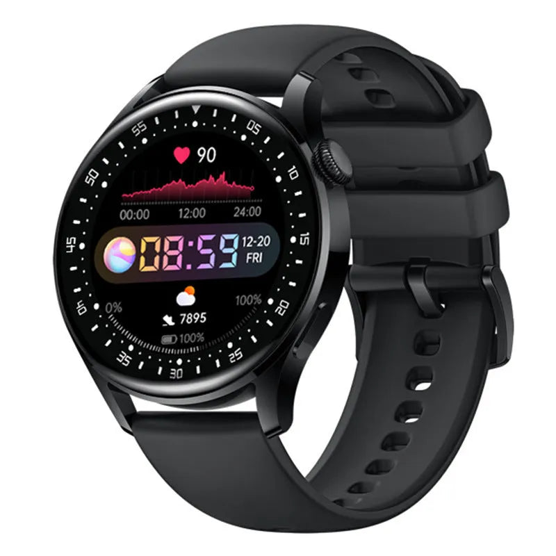 Sports smart watch with circular touchscreen display showing health metrics and payment interface