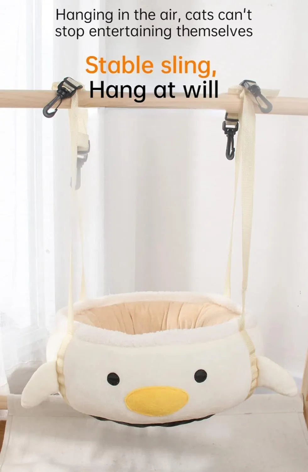 Green dinosaur and chick shaped cat bed shown both flat as a sofa and hanging as a hammock for small pets.