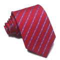 Close-up of a red, black, and blue striped men's formal tie with a textured Jacquard weave.
